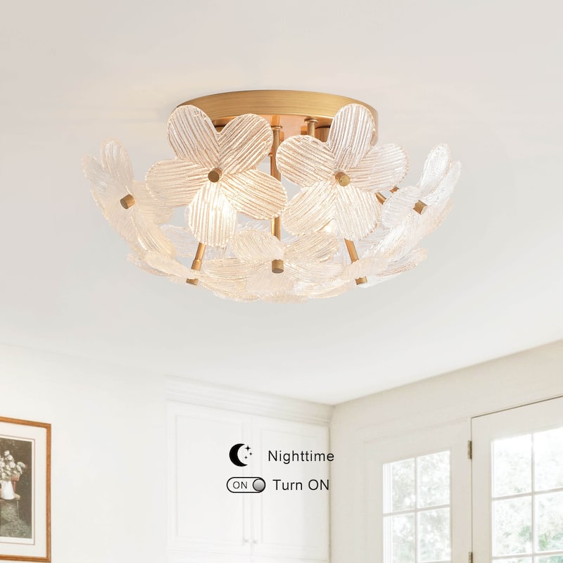 Frieda Modern 3-Light 16" Brushed Brass Clear Glass Flower Flush Mount - 16 inches in diameter x 7.5 inches H