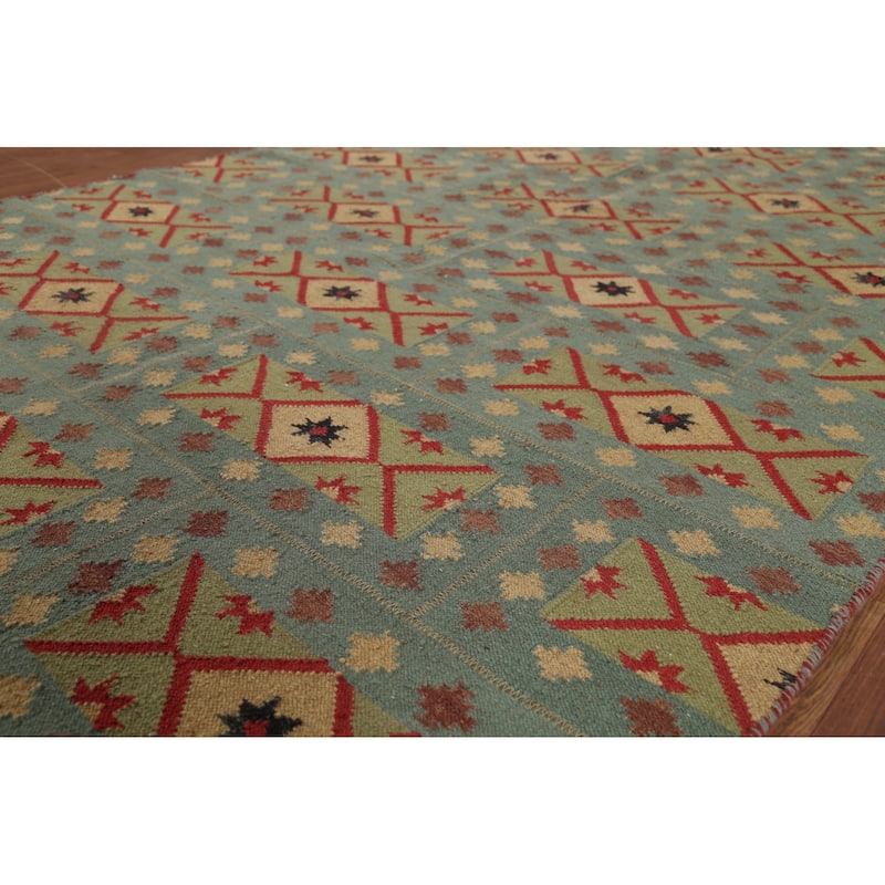Geometric Kilim Oriental Area Rug Flatweave Green Wool Carpet - 5'7"x 9'0"