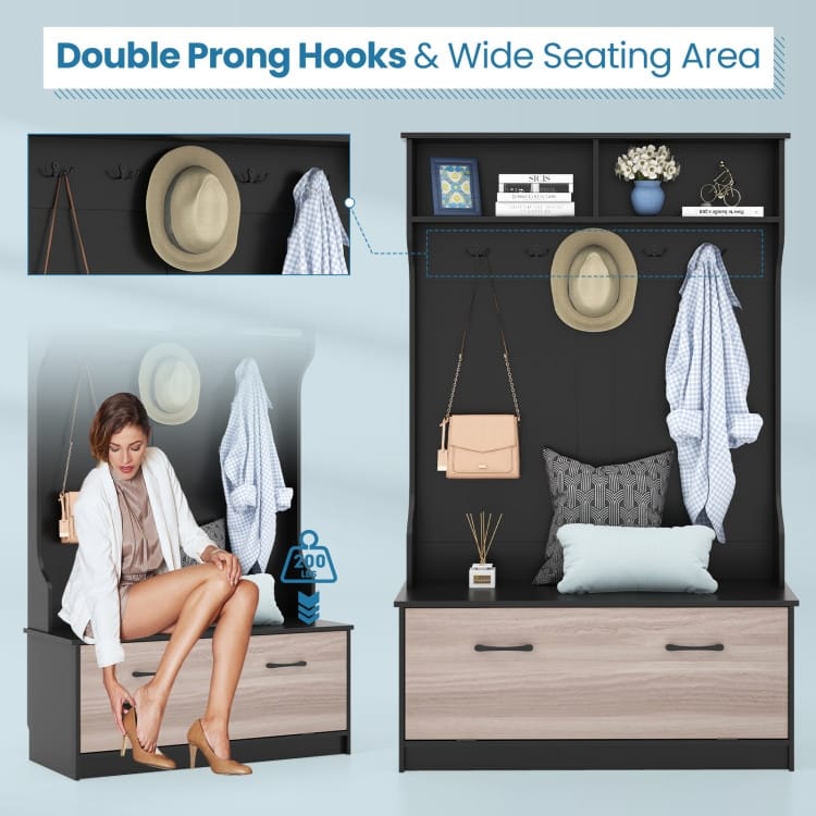 3 in 1 Coat Rack with Entryway Bench and Hooks and Enclosed Cabinet - 39.5" x 16" x 63"