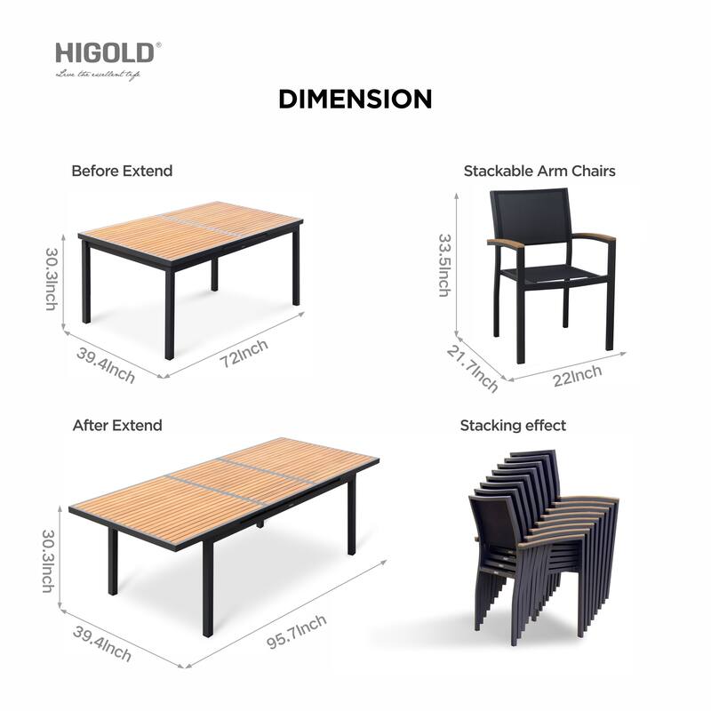 HIGOLD - Heck Extendable Teak Aluminum Outdoor Patio Dining Set
