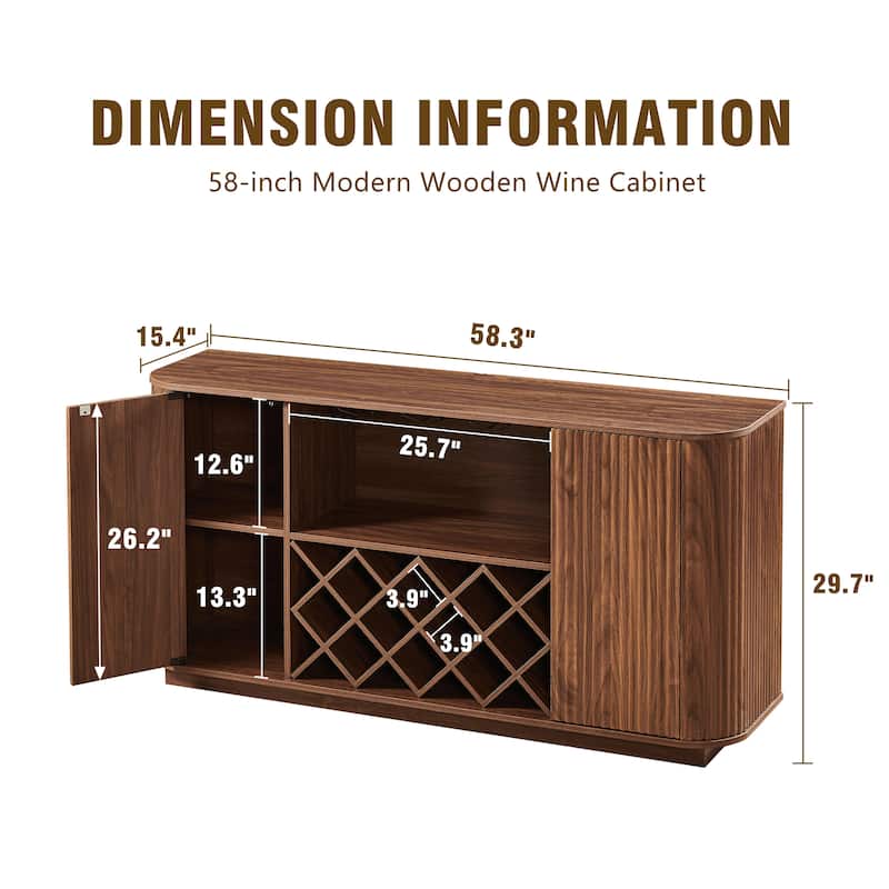 58" Wavy Curve Sideboard with Wine Rack & Glassware Holder, Adjustable Shelves, Multifunctional Storage Cabinet