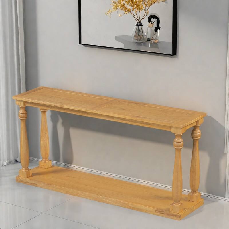 63" Pine Vintage Wood Grain Console Table - Sculptural Vase Legs & Lower Shelf - Natural