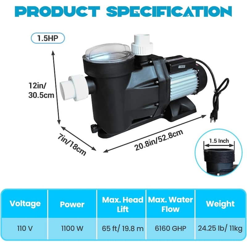 1.5HP Pool Pump, 110V Single Speed ​​Pump with Connectors, Strainer Basket (1.5HP, 110V)