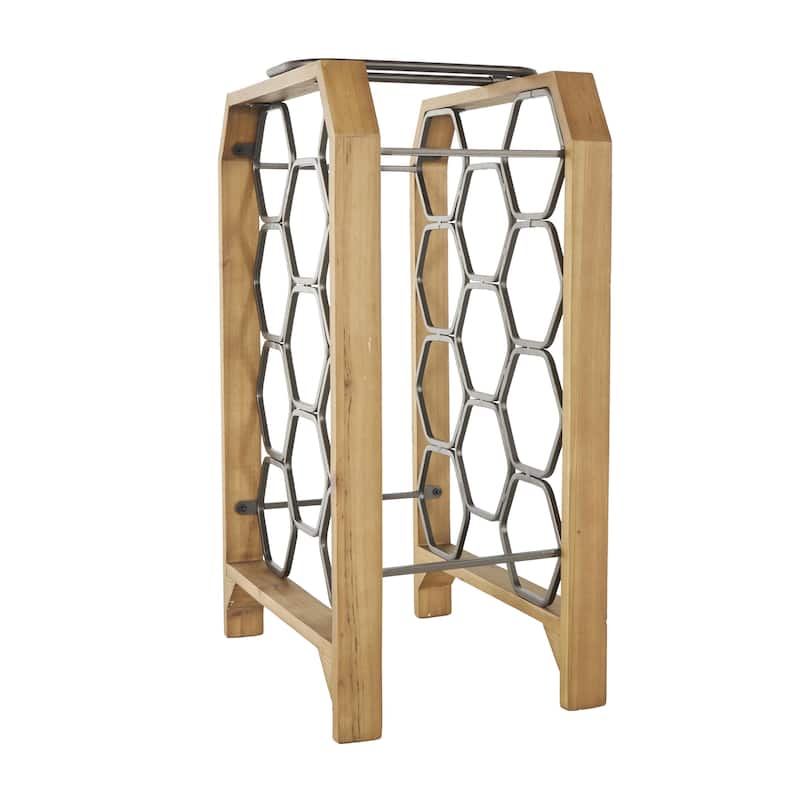 Wood Geometric 8 or 11 Slot Wine Rack with Gray Metal Curved Teardrop Holders - Brown - Roche River Decor