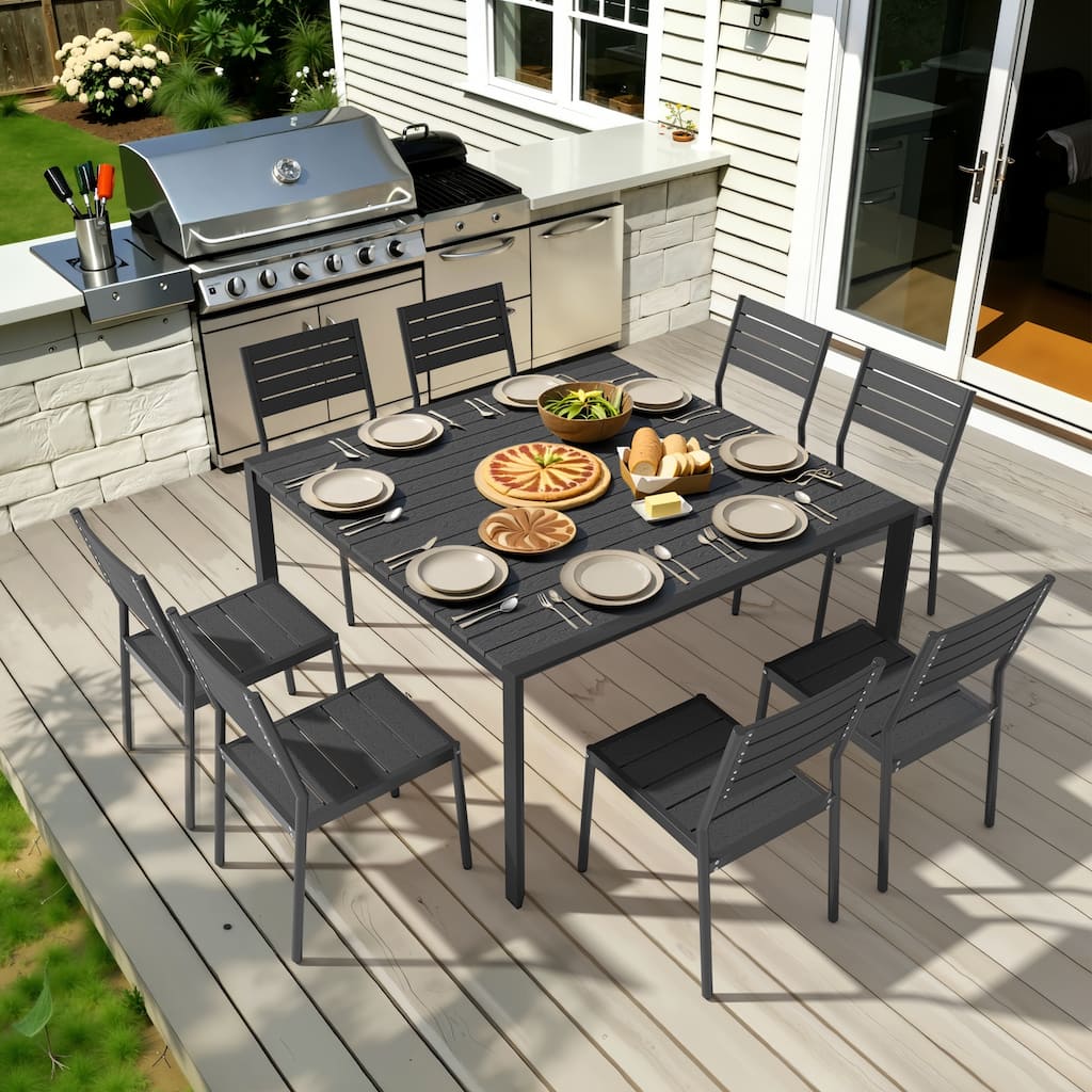 Outdoor 56.3in Patio Aluminum Square Wood-Like Tabletop Weather-Resistant Dining Table with Umbrella Hole
