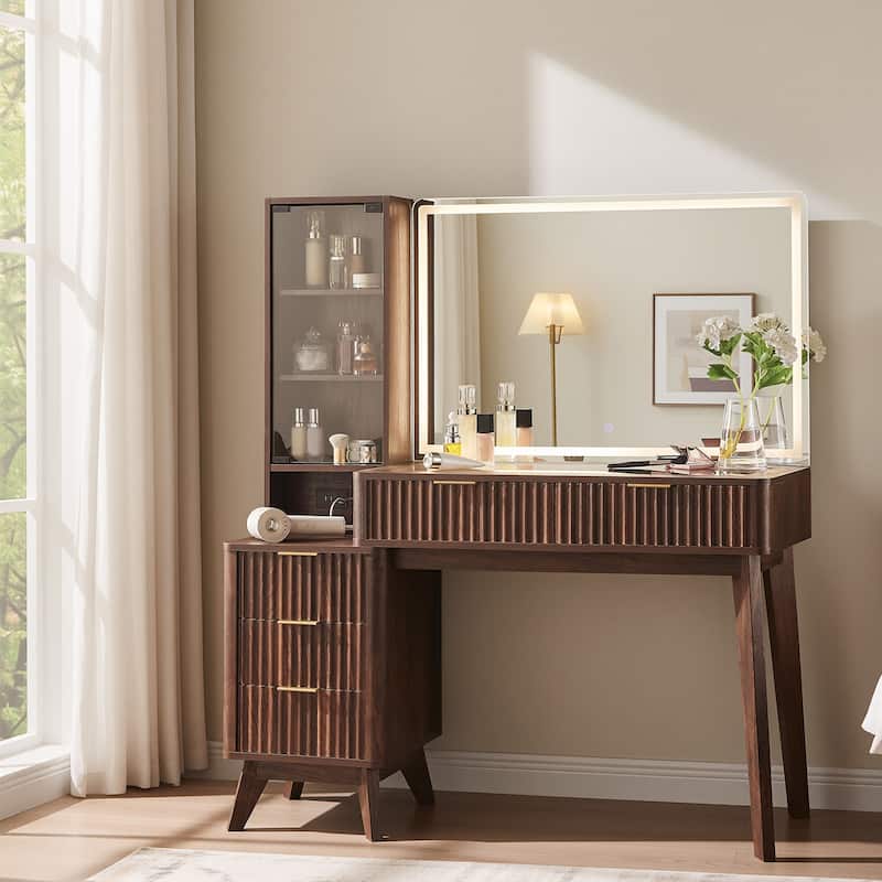 Modern Fluted Makeup Vanity Desk with Mirror, Lights, Charging Station - Walnut