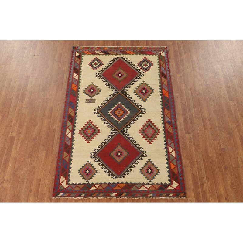 Beige Kilim Qashqai Persian Vintage Area Rug Hand-Woven Wool Carpet - 4'11" x 7'9"