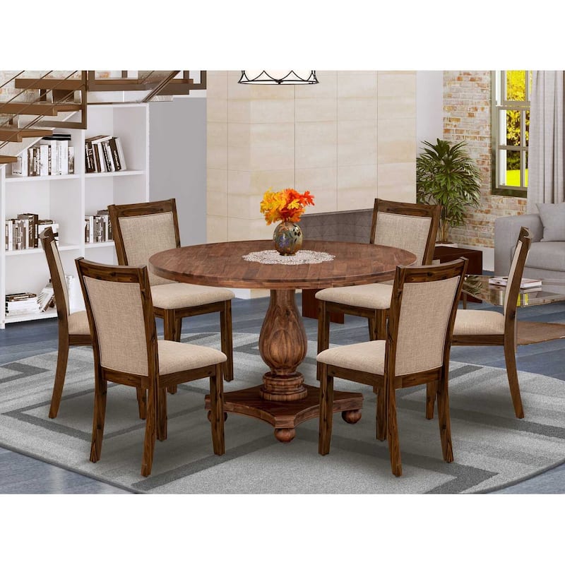 HomeStock 7-Piece Round Natural Oak Finish Solid Wood Top Dining Table with 6-Parson Chairs