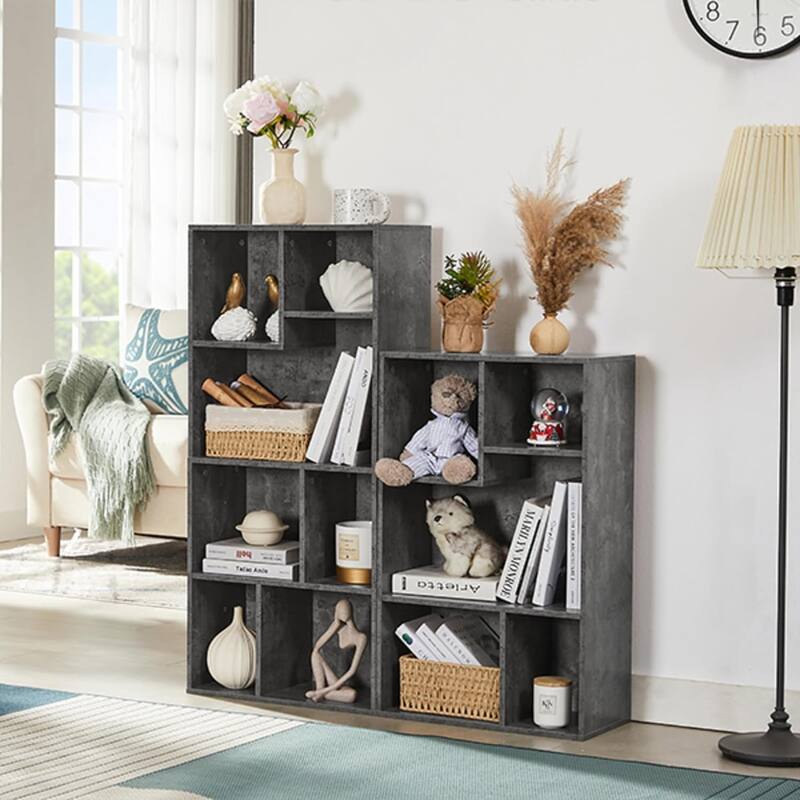 VECELO Wide Wood Organizer Bookcase Sets - 12 Cubes - Grey