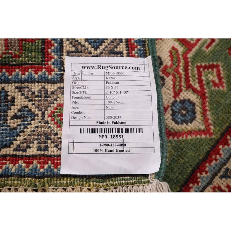 Green Geometric Kazak Oriental Accent Rug Handmade Wool Carpet - 1'10"x 2'10"