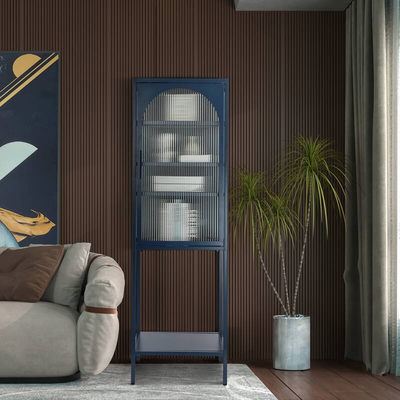 Stylish Tempered Glass High Cabinet with Arched Door Adjustable Shelves and Feet Anti-Tip Dust-free Fluted Glass Kitchen