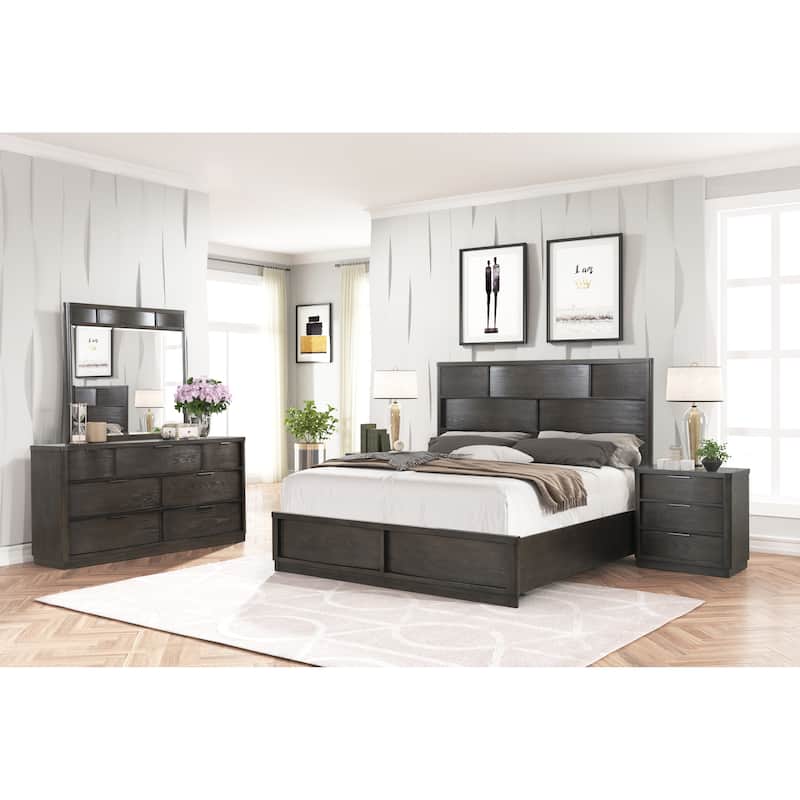 Roundhill Furniture Belani Wood Panel Bed Set, Bed, Dresser, Mirror, and Two Nightstands, Espresso - Queen
