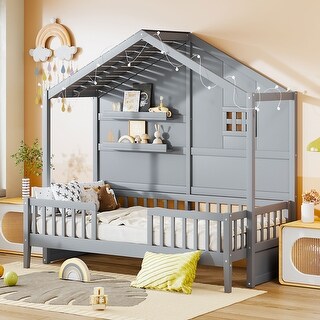 Twin Size House Bed with Shelves, Window, and Sparkling Light Strip on Roof, Space-Saving Design for Kids' Rooms, Grey