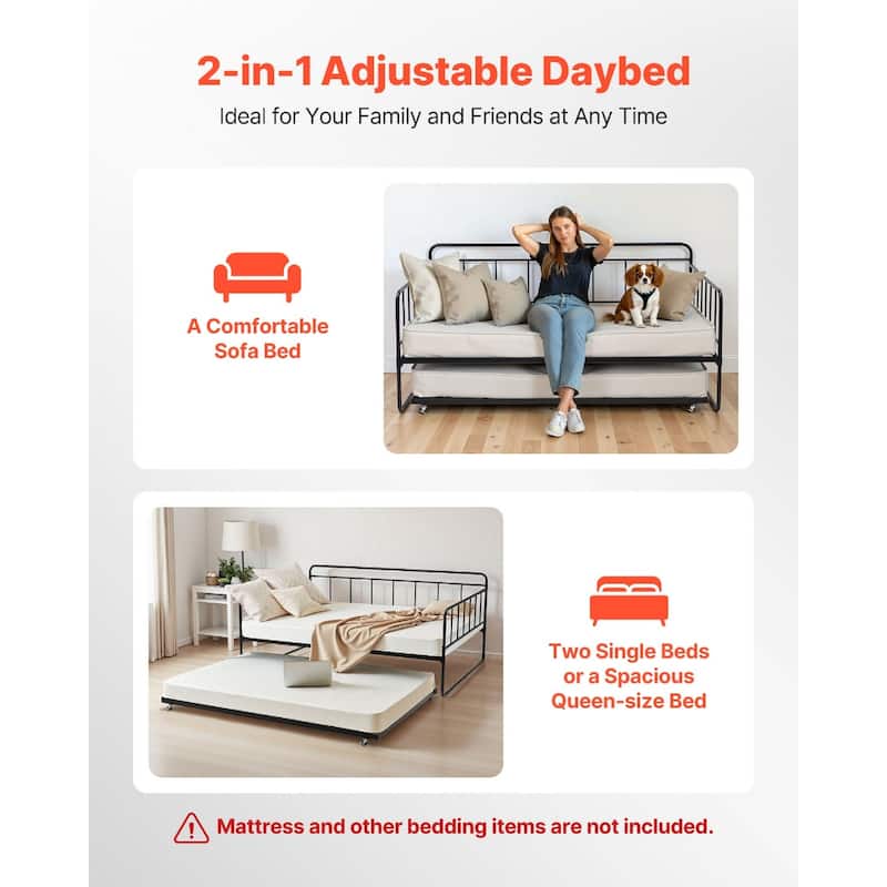 Full Size Daybed Frame with Trundle and Casters for Easy Movement