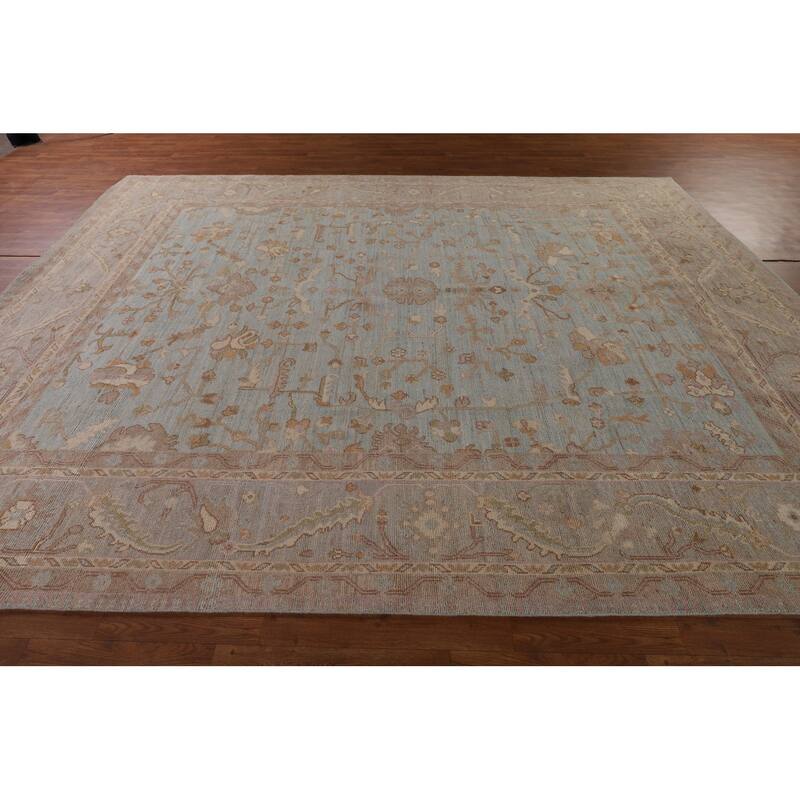 Light Blue Vegetable Dye Oushak Turkish Rug Hand-Knotted Wool Carpet - 9'1" x 11'11"