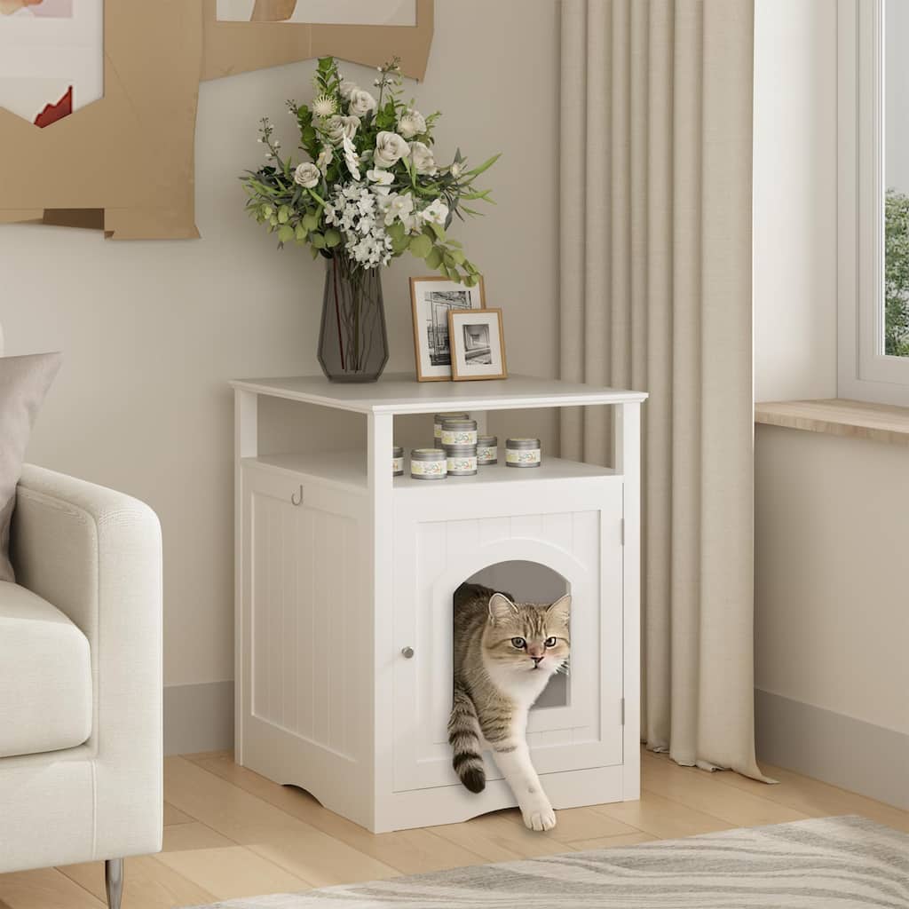 Anmytek White Cat Litter Box Enclosure Furniture with Storage Shelf Hidden Wooden Cat House and Modern Side Table for Indoor Use