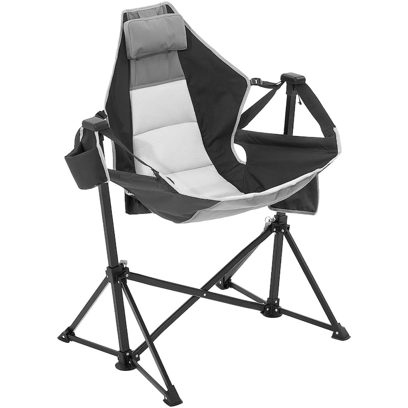 Steel Rocking Hammock Folding Chair with Cushion and Side Pocket - 27.55” L x 35.82” W x 36.02” H - Black