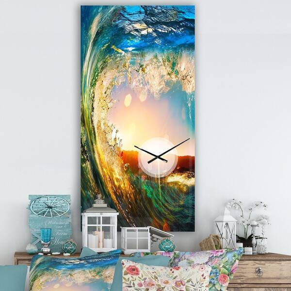 slide 2 of 15, Designart 'Colored Ocean Waves Falling Down' Oversized Coastal Wall CLock