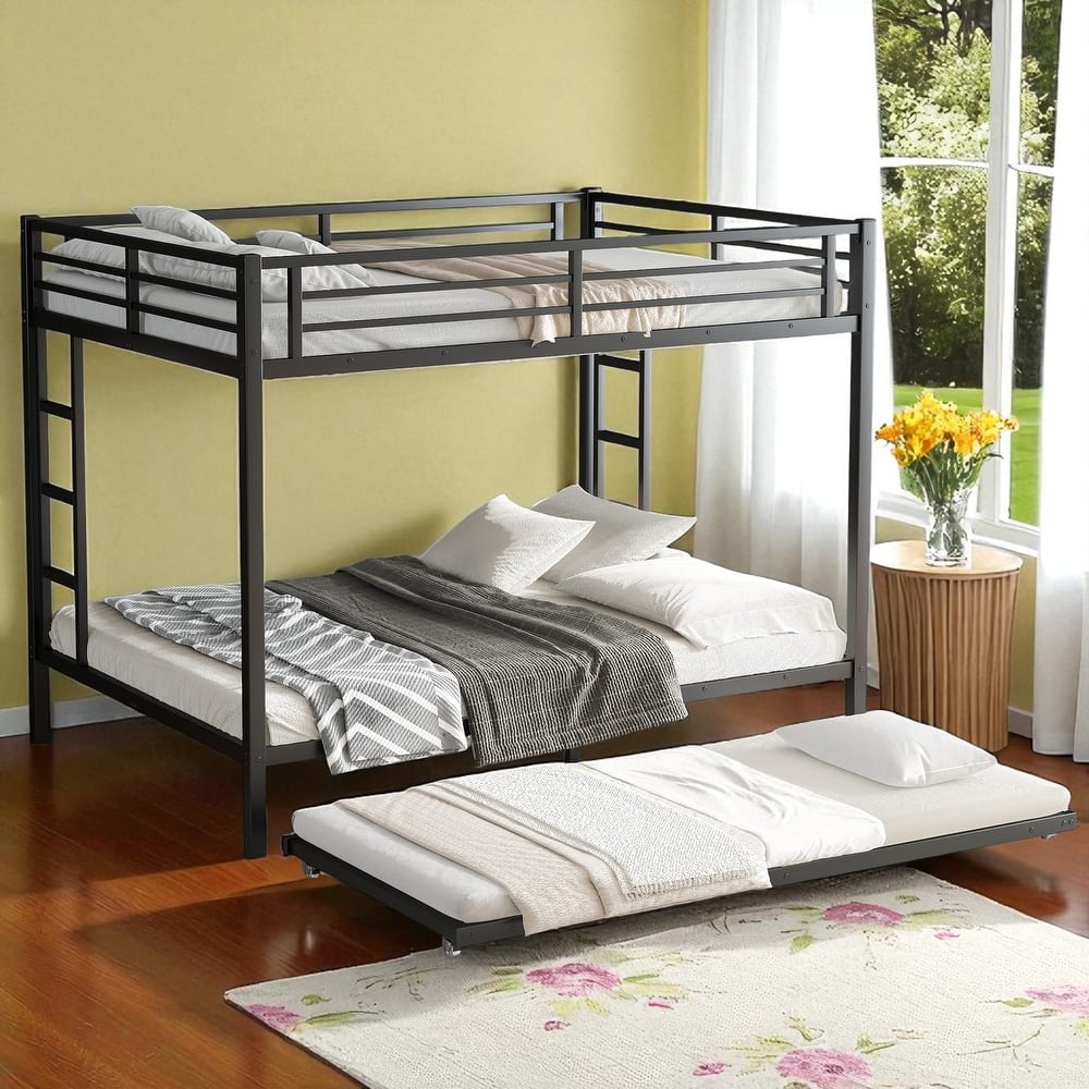 Twin over Full/Queen over Queen/Twin XL over Queen Metal Bunk Bed with Trundle, Black - Sturdy & Noise-Free
