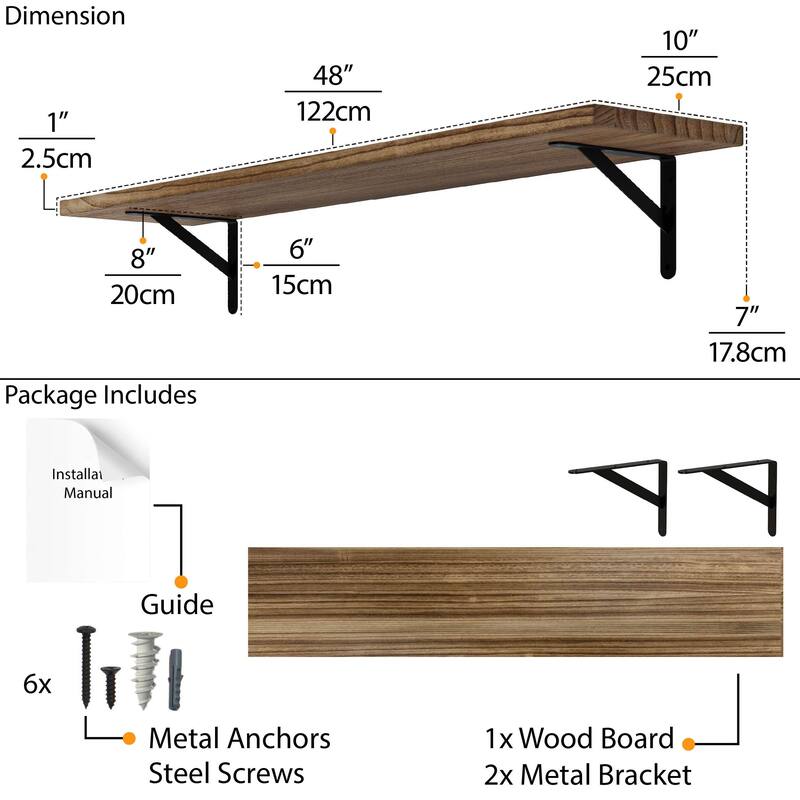 Wallniture Forme 48"-60" Long Floating Shelves for Living Room & Office Decor, Solid Wood Shelves, Wall Mounted, 1" Thick, Burnt