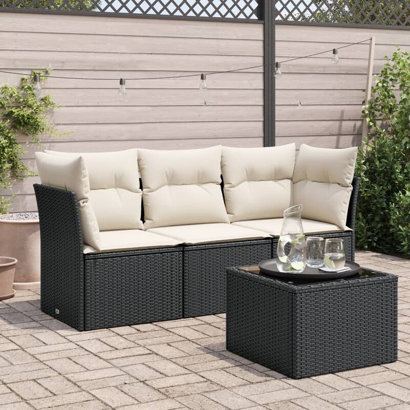vidaXL Patio Sofa Set with Cushions Outdoor Furniture 3 Piece Poly Rattan - Black and cream Medium With table