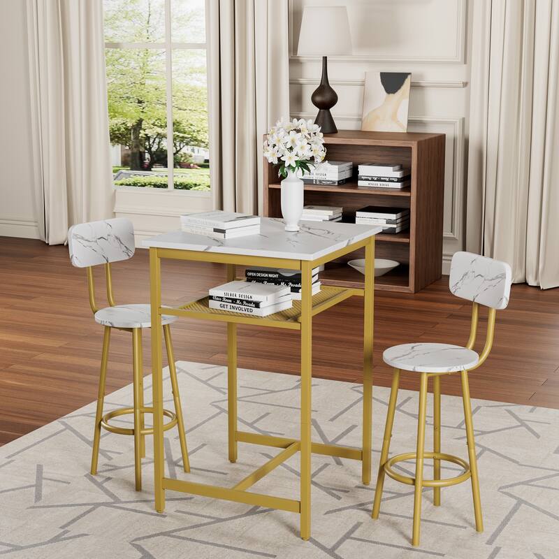 Bar Table, Equipped With 2 Bar Stools, With Backrest And Partition - White+Gold