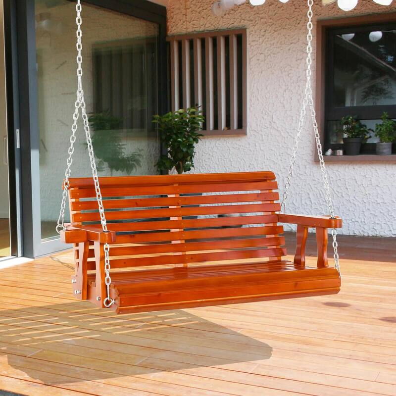 Heavy-Duty 2-Seat Wooden Porch Swing,440lb Capacity,Cup Holders,Chains