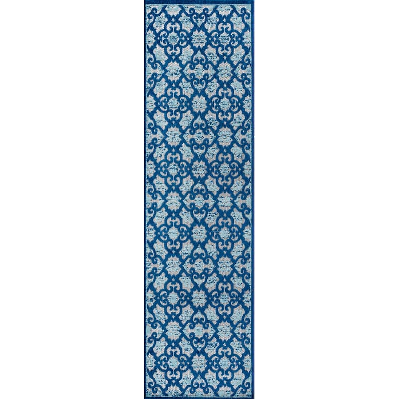 JONATHAN Y Crisantemo Tile Trellis High-Low Indoor/Outdoor Area Rug - 2 X 8 - Light Gray/Blue