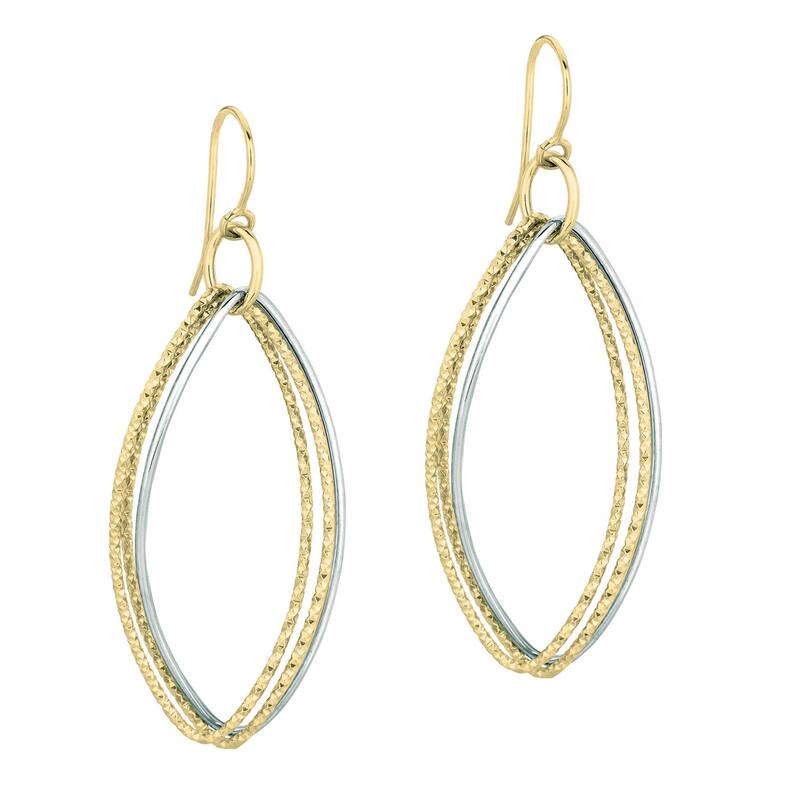 Curata 14k Two-tone Gold 54x18mm Textured Trip Marquise Shape Dangle Hook Earrings