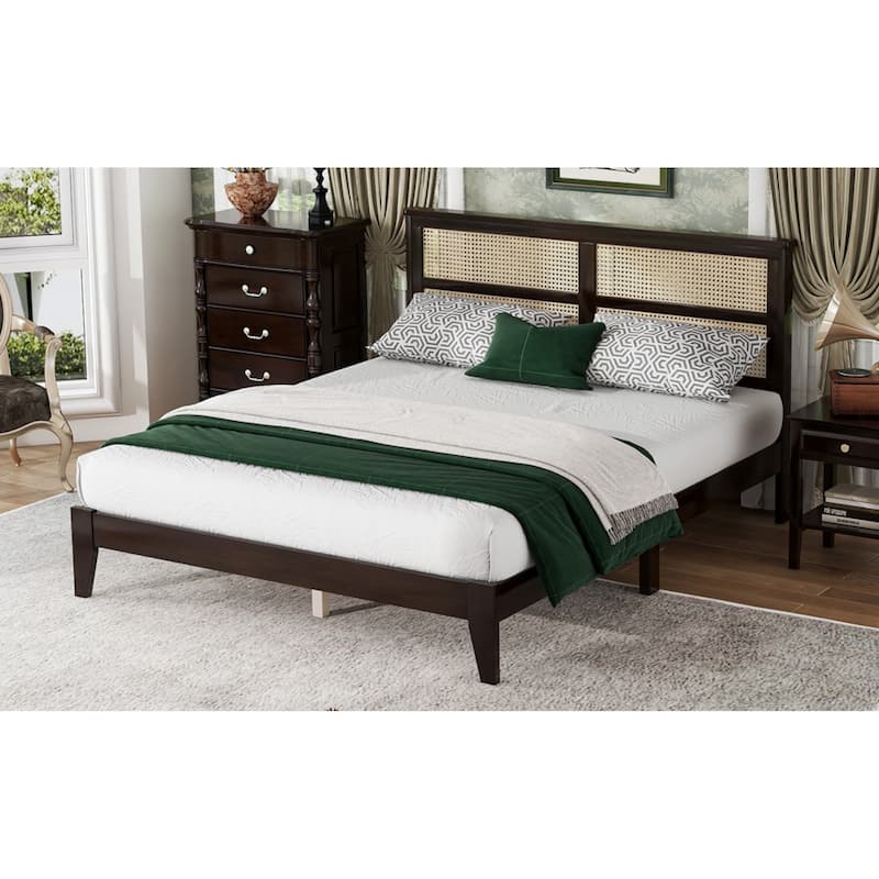 Roomfitters Queen Solid Rubber Wood Bed Frame with Rattan Headboard, Reinforced Support Feet Platform Design, Espresso