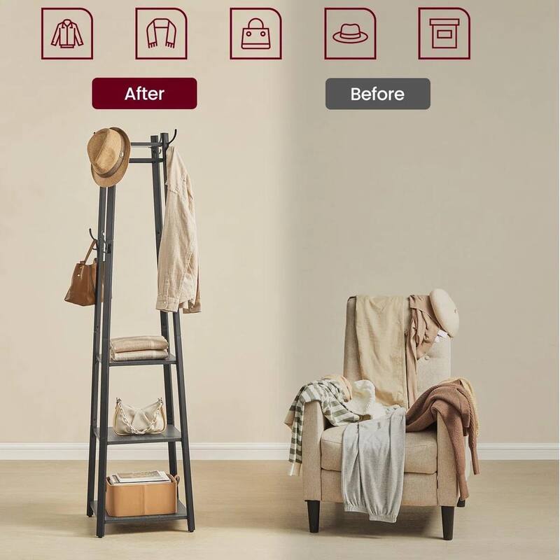 Modern Farmhouse Coat Rack with 3 Rustic Wood Shelves and 8 Hooks for Entryway Storage - 70.9'' H x 16.9'' W x 16.9'' D