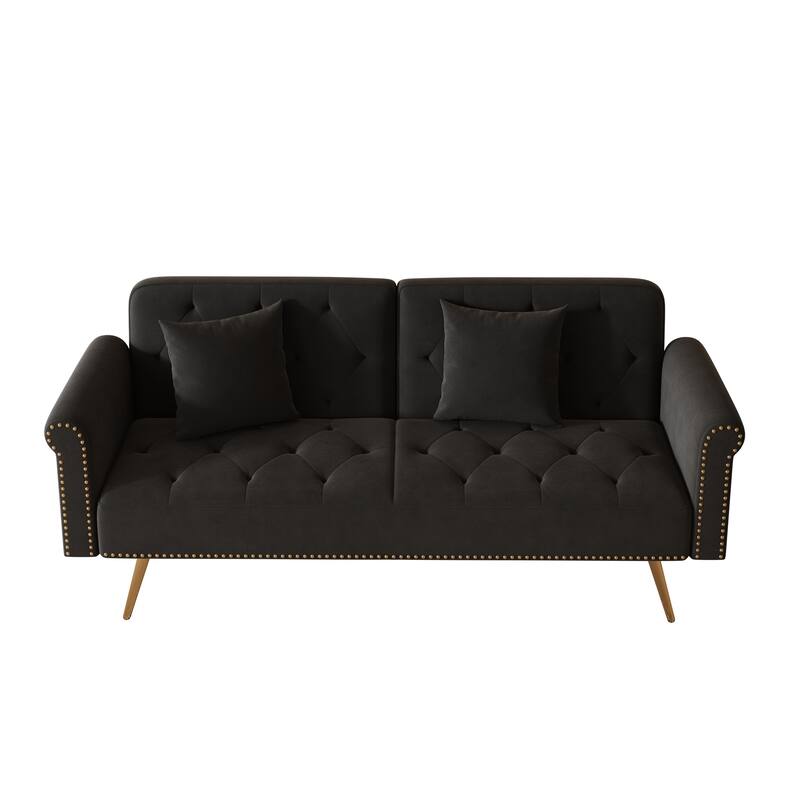 69.7-inch sofa bed with nailhead trim, matching throw pillows