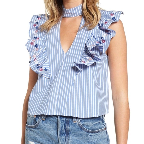 Love Fire Blue Women's Large L Embroidered Floral Ruffle Stripe Top