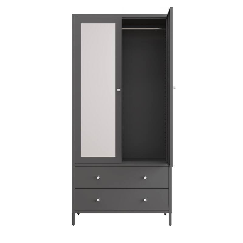 Metal Armoire Wardrobe Closet with 2 Drawers,Mirror Door and Hanging Rod