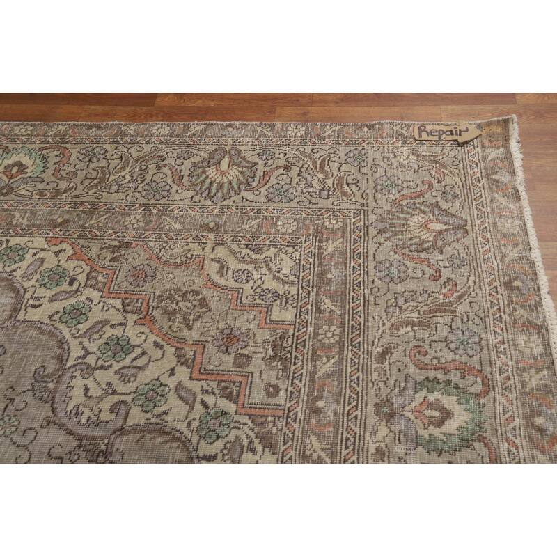 Gray Geometric Tabriz Persian Area Rug Hand-Knotted Wool Carpet - 9'1"x 12'9"