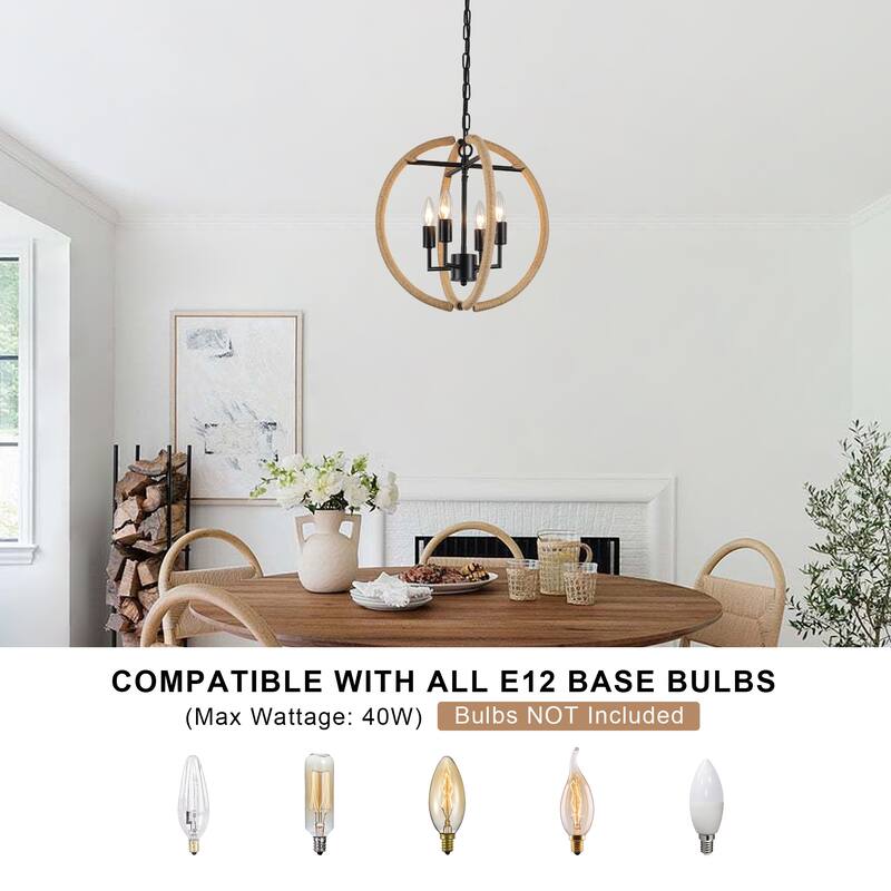 4-Light Beige Brown Hemp Rope Globe Chandelier - Beige Brown