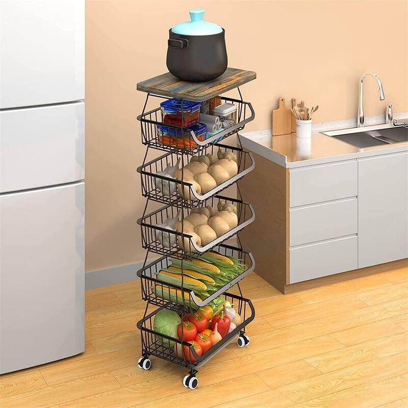 5/6-Tier Stackable Fruit Basket, Rolling Metal Cart with Wheels