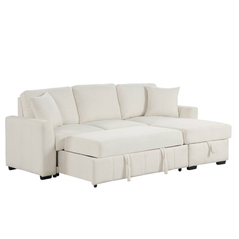 Roomfitters 90" L-Shaped Sectional Sleeper Sofa with Storage Chaise and Pull Out Bed, Fold Down Cup Holder Table