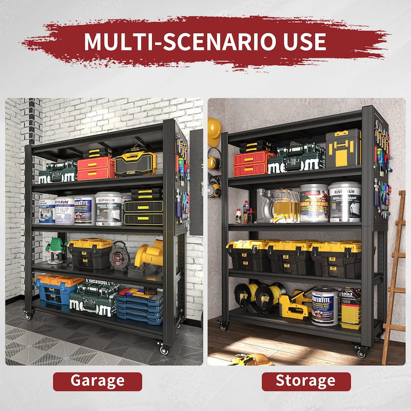 72"H 5 Tier Adjustable Shelving with Pegboard and Wheel, Heavy Duty Storage Shelves, Metal Shelving Unit Multipurpose Shelf