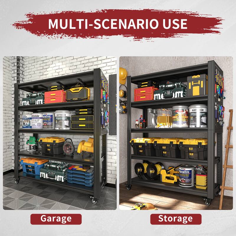 78"H 5 Tier Adjustable Shelving with Pegboard and Wheel, Heavy Duty Storage Shelves, Metal Shelving Unit Multipurpose Shelf