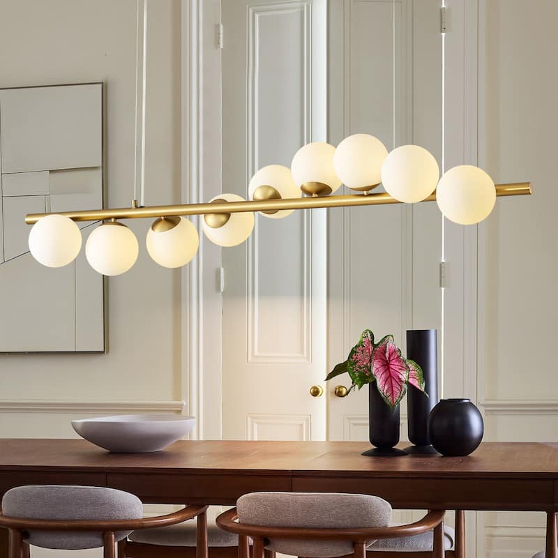 9-Light Modern Linear Cluster Frosted Glass Globe Chandelier in Gold Finish, Dining Room Light