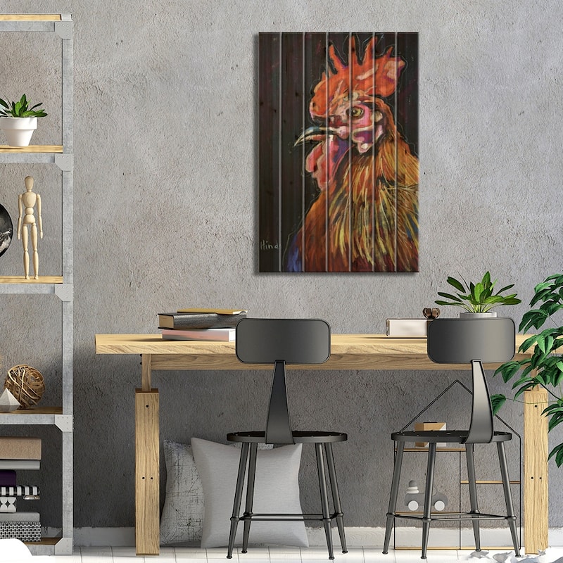 Proud Rooster Print On Wood by David Hinds - Multi-Color