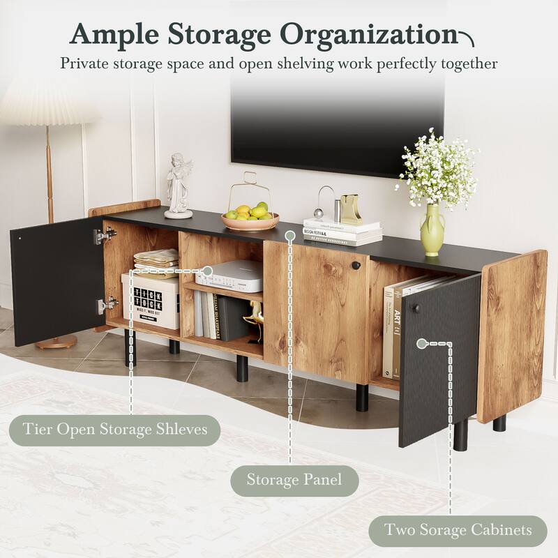 61" Mid Century Modern TV Stand, Media Console with 3 Cabinets and Open Shelves for TVs Up to 70"
