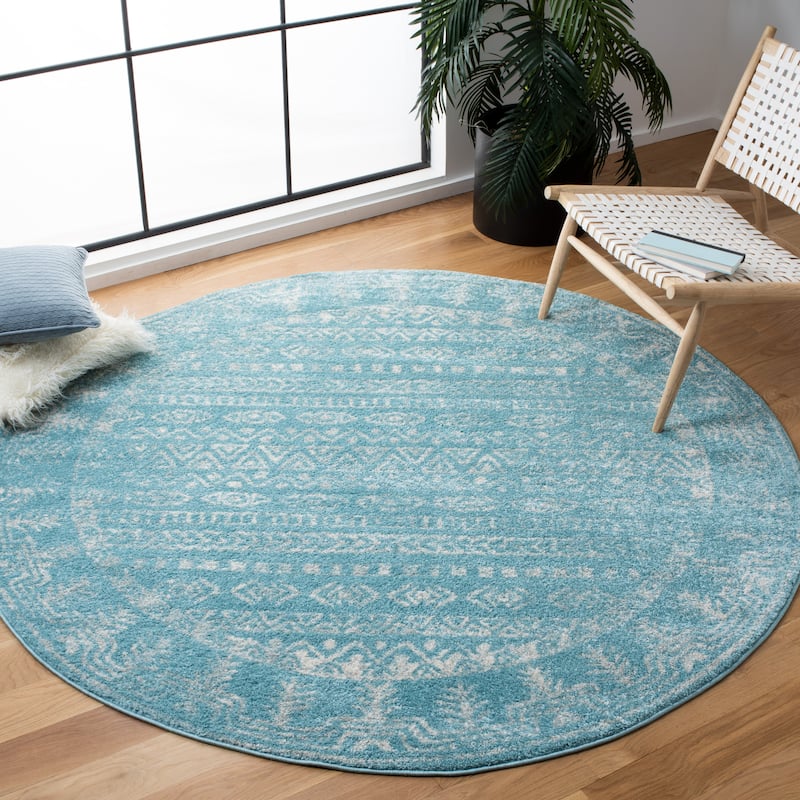 SAFAVIEH Tulum Luna Moroccan Boho Rug - 6'7" Round - Aqua/Ivory