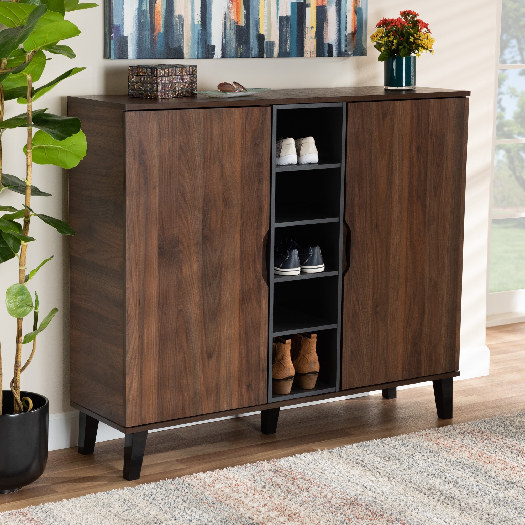 Idina Mid Century Modern Two Tone 2 Door Shoe Cabinet