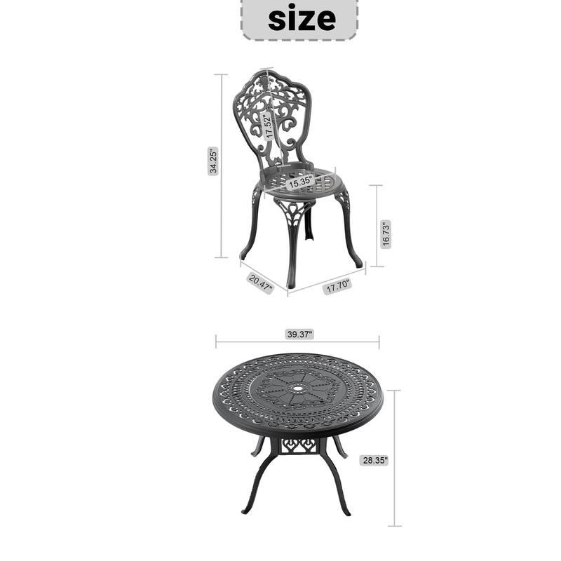 3-Piece Set Of All-Weather Cast Aluminum Dining Furniture Set With Black Frame