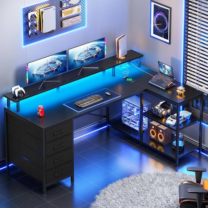 L Shaped Desk with 4 Drawers and Storage Shelves Gaming Desk