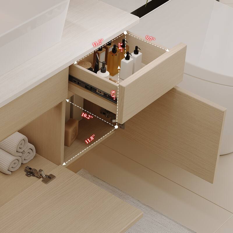 GDFStudio - Modern 31.5" Floating Wall-Mounted Bathroom Vanity with Vessel Sink, Soft-Close Drawer & Double Door Storage