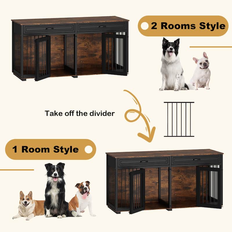 Furniture Style Double Dog Crate with Drawers, 64.6" Wooden Pet Kennel End Table, Removable Divider, Heavy Duty Metal Bars