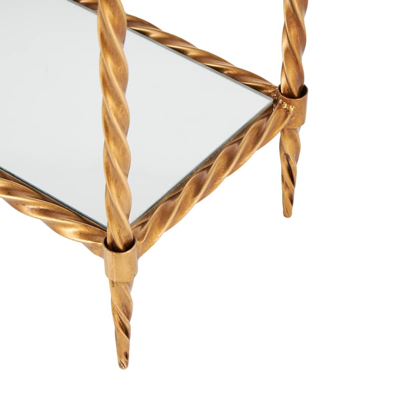 Gold Metal Twisted Rope Inspired 1 Shelf Console Table with Mirrored Glass Top and Shelf